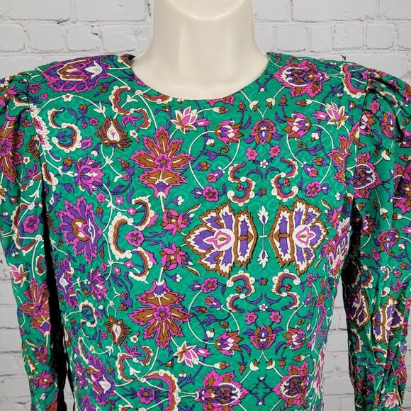 NWT VTG Richard Warren Green 100% Silk Floral Gold Button Long Sleeve Blouse 4 - Picture 4 of 16